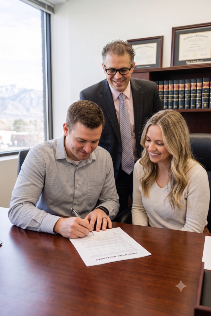 A happy couple signing a prenuptial agreement in Utah