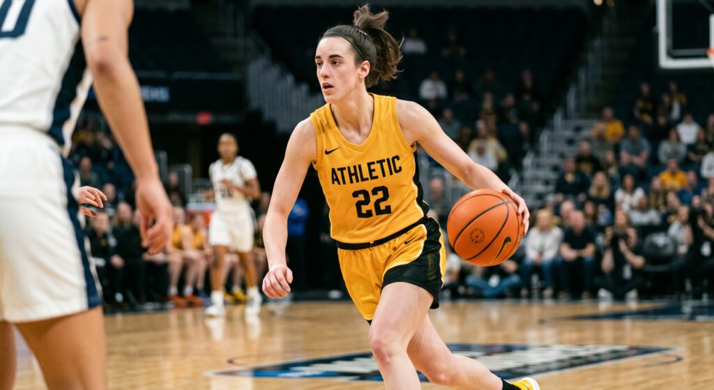 Caitlin Clark playing basketball. She is referenced in the blog as a high earner who may want to take precautions if she gets married.